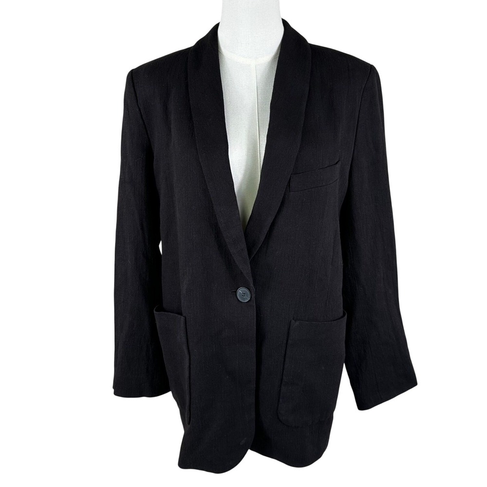 Zara Oversized Blazer Women M Black Shawl Lapel Textured Jacket‎ Office Business